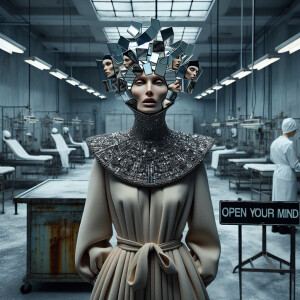 a fashion portrait of a woman with a head made of mirrors reflec...