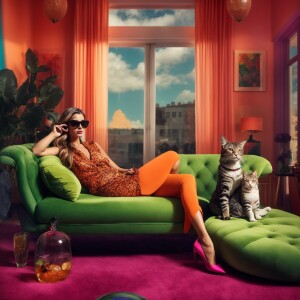 Create a stylish vogue drawing featuring a girl lounging on a so...