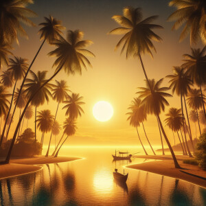Radiant sun with beach background with palm trees and a fishing...