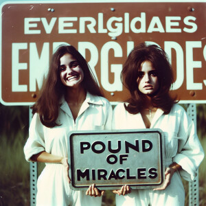 Generate a faded film photograph from 1973 in the Everglades. Tw...