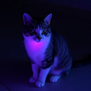 <lora:Flux Glow:1.0>  A calico cat in a dark room lit only by a...