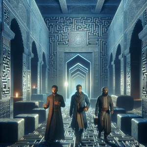 Two men and one woman standing in a maze of rooms