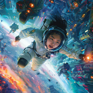 A young Asian woman is being chased by space police