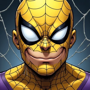 close-up portrait of Spider-Man with a highly exaggerated and co...
