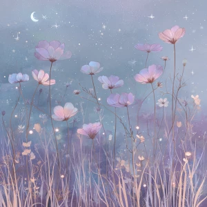 Fantasy botanical illustration of glowing pastel wildflowers swa...