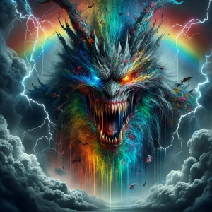 Double exposure horror thunderstorm rainbow entity, in the style...