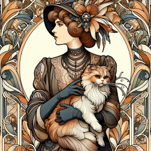An erté type of drawing with the woman holding a cat