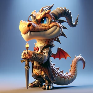 Clever Dragon wearing armor, holding a flaming sword, anthropomo...