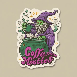 /imagine hand-drawn wizard in a fantasy robe brewing coffee in a...