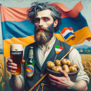 Armenian man with pint Guinness and potatoes and flag Belorussia...