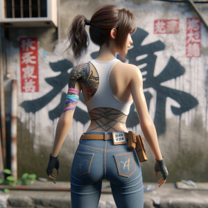 Athletic Thin skinny Attractive, Asian teenage girl, long brown hair and bangs, wearing tight skinny jeans and a halter top paint marks on her clothing, heroic pose Asian graffiti background, backside view