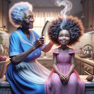 Create a realistic 3-D image of an african-American grandmother wearing a blue house dress. She is in the kitchen with her african-American granddaughter. Her granddaughter is wearing a pink dress The grandmother has a hot comb in her hand and she is straightening her granddaughters hair. One side of her granddaughters hair is in  a Afro the other straight 
There is smoke coming from the hot comb