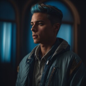 Handsome young Maximilian, blue hair, wear blue jacket, pant, in...
