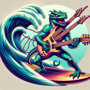 Animated 1980s style bowser playing double necked guitar while s...