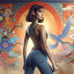 Athletic Thin skinny Attractive, Asian teenage girl, long brown hair and bangs, wearing tight skinny jeans and a halter top paint marks on her clothing, heroic pose Asian graffiti background, backside view