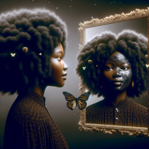 Create a 3-D realistic beautiful African-American  women with thick curly black hair
Looking at herself in the mirror, but the reflection she sees is a child, and she is no longer beautiful. She is ugly with scars. There is a fallen butterfly.