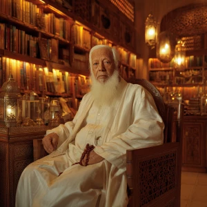 Create an image of an elderly Muslim man with a long white beard...