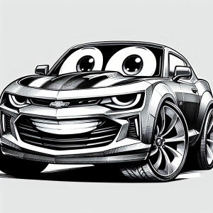 A black-and-white pen and ink drawing of a comical 2020 Camaro f...