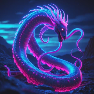 A tentacled titan, glowing in neon hues, coils gracefully in an...