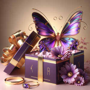 Imagine a sophisticated scene featuring a luxurious purple gift...