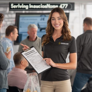 Create an image of a female insurance agent in a crowded waiting...