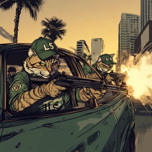 Two humanoid cats engaged in a dramatic shootout, depicted in an...