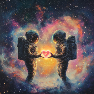 Two astronauts in zero gravity, gently holding a luminous heart-...
