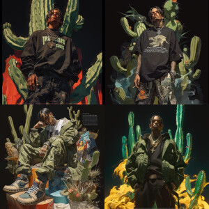 "Travis Scott surrounded by Green cactus wearing brown Jordan’s...