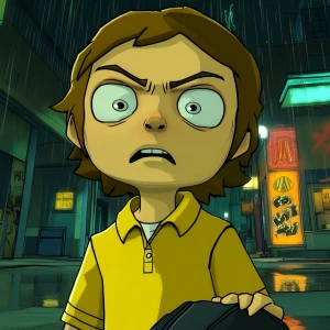 A cartoon character with a large round head, big white eyes with...