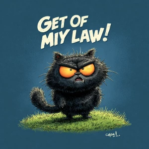 A grumpy cartoon-style cat standing on a lawn, fur fluffed up, o...