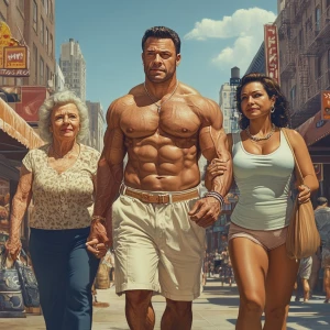 Create a photorealistic image of a muscular, sweaty man with wel...