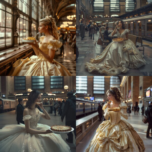 Cinderella eats pies at the train station, 100% realistic, photo...