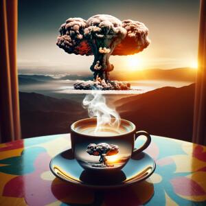 A cup of coffee, a nuclear explosion rising from the cup