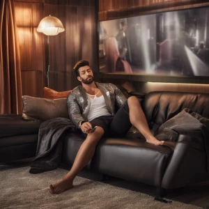 He was enjoying himself on the couch  with body xposedicc and th...