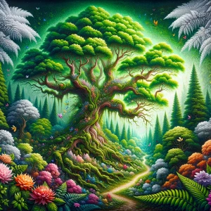 In a mesmerizingly detailed acrylic painting, a lush, fantastica...