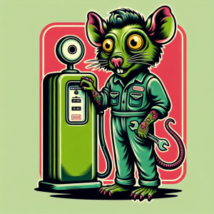 A bugged eye green rat fink in a mechanics jumpsuit, standing ne...