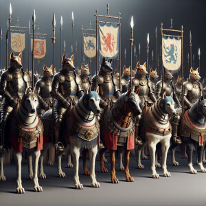 Create a realistic picture of a legion of humanoid dogs as feuda...