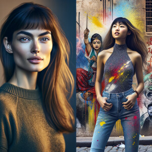 Athletic Thin skinny Attractive, Asian teenage girl, long brown hair and bangs, wearing tight skinny jeans and a halter top paint marks on her clothing, heroic pose Asian graffiti background, backside view