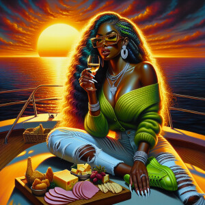 Oil painting: Sitting on a yacht drinking wine, cheese ham and c...
