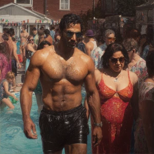 Photo Hyperrealism, painting,a muscular beefy kashmiri son in la...
