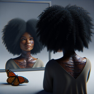 Create a 3-D realistic beautiful African-American  women with thick curly black hair
Looking at herself in the mirror, but the reflection she sees is a child, and she is no longer beautiful. She is ugly with scars. There is a fallen butterfly.