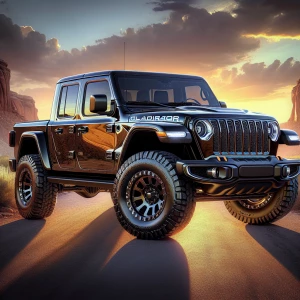 A high-gloss, obsidian-black, 3-axle Jeep Gladiator pickup truck...