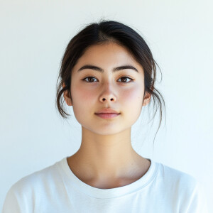 Portrait of a 19-year-old Japanese woman with a clean face, exhi...