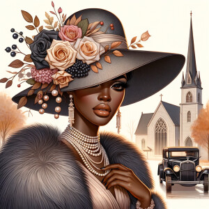 Create an image of a sophisticated woman with dark skin, wearing...