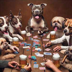 Photorealistic image. Classic image of dogs playing poker around...