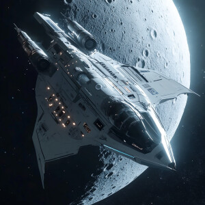 Hyper ultra realistic spaceship near the moon