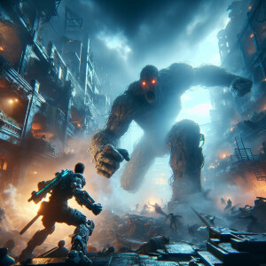 A cyborg battling a giant monster in a post-apocalyptic world 8k...