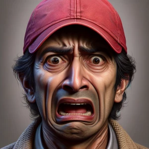 Create a hyper-realistic image of a man wearing a red baseball c...