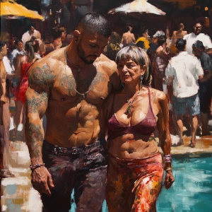 Dark fantasy, painting,1:1.a muscular tattoed pierced man walkin...