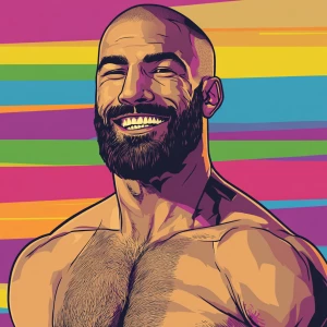White muscular thin man with beard, big chin, smile and cheekbon...
